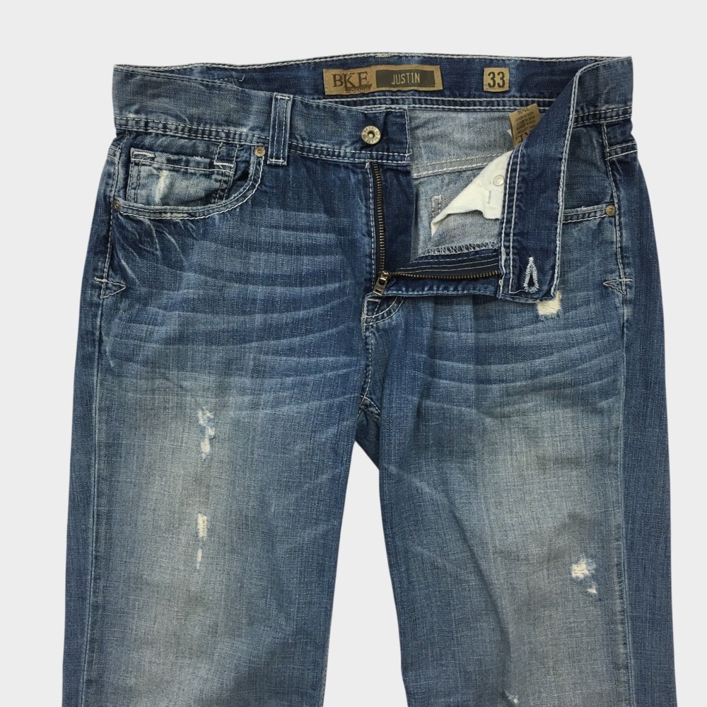 BKE Justin Mens Straight Leg Distressed Blue Denim Jeans 33x34 KBK14024L